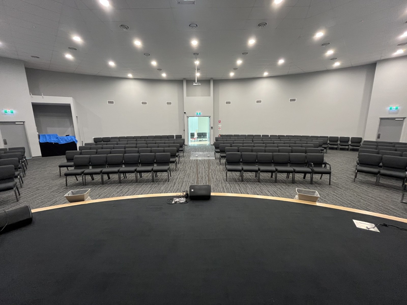 Rows of seating in the chapel, viewed from the front